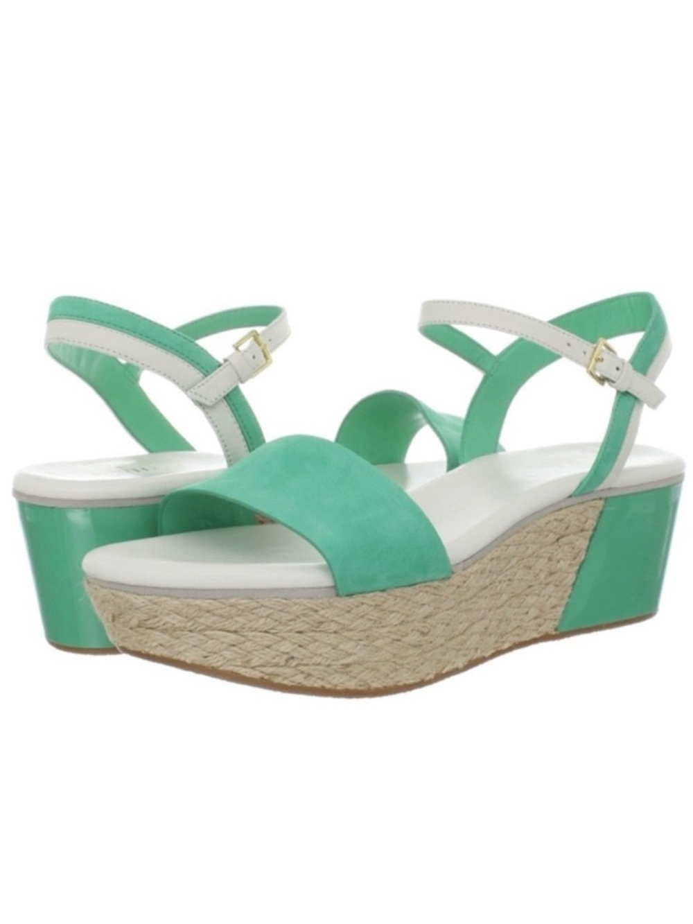 Cole Haan Green and White Arden Wedge Leather Sandals Size 7